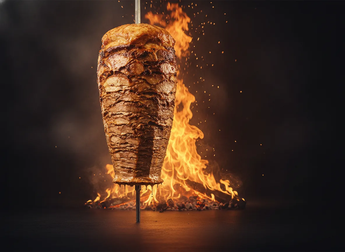 Döner kebab on the spit with flames