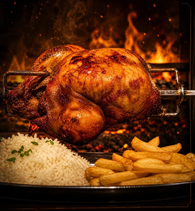 Rotisserie grilled chicken over wood fire